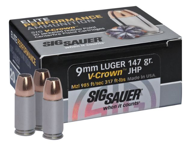 Picture of Sig Sauer E9MMA320 Elite Performance  9mmLuger 147gr V-Crown Jacketed Hollow Point 20 Per Box/10 Case