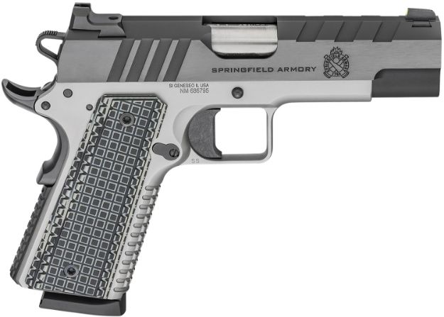 Picture of Springfield Armory PX9218L 1911 Emissary 45 ACP 8+1 4.25" Bull Barrel, Stainless Steel Frame w/Beavertail , Tri-Top Cut Blued Carbon Steel Slide, Black VZ Thin-Line G10 Grip