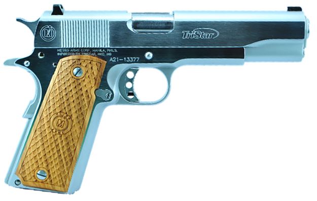 Picture of TriStar 85608 American Classic Government 1911 38 Super 9+1, 5" Stainless Steel Barrel, Chrome Serrated Steel Slide, Chrome Steel Frame w/Beavertail, Wood Grip