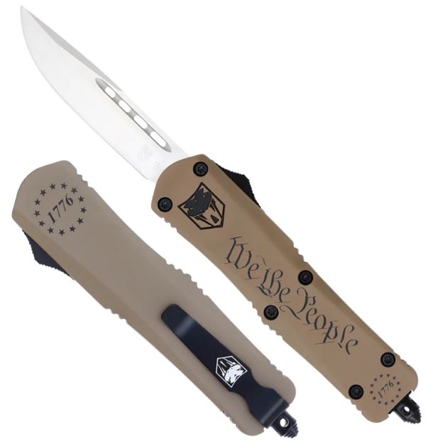 Picture of CobraTec Knives SWTPFS3DNS FS-3 We The People Small 2.75" OTF Drop Point Plain Aluminum Cerakoted D2 Steel Blade, Tan "We The People" Aluminum Handle