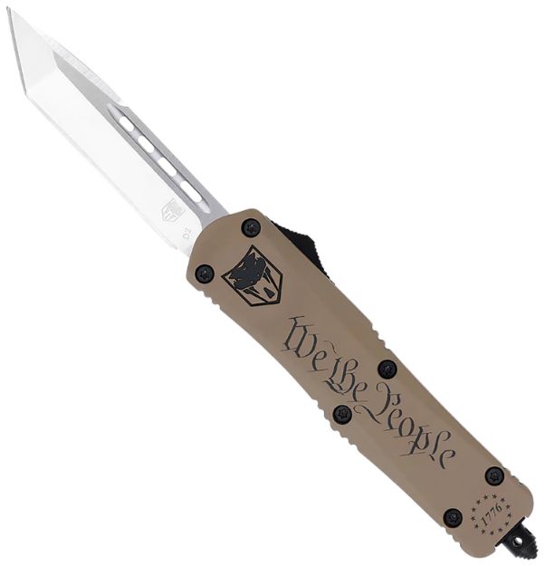 Picture of CobraTec Knives SWTPFS3TNS FS-3 We The People Small 2.75" OTF Tanto Plain Aluminum Cerakoted D2 Steel Blade, Tan "We The People" Aluminum Handle