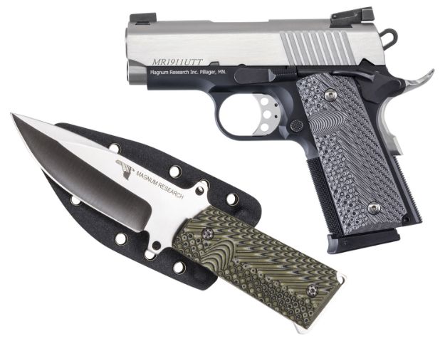 Picture of Kahr Arms DE1911UTTK Desert Eagle 1911 U w/1911 Knife 45 ACP 6+1 3" Stainless Serrated Slide, Two-Tone w/Black Finish Aluminum Frame w/Beavertail, Black/Gray G10 Grips