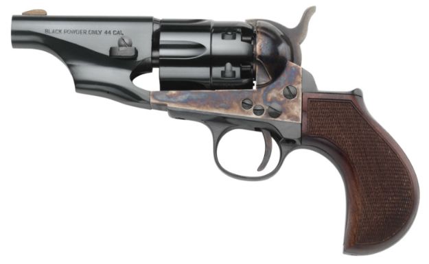 Picture of Taylors & Company 200017 1860 Army Snub Nose Break Open 44 Cal Striker Fire 3" 6 Shot Color Case Hardened Frame Blued Barrel & Cylinder Walnut Grip