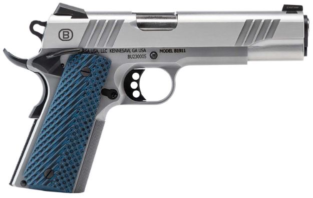 Picture of Bersa B19117050SMBL B1911  Full Size Frame 45 ACP 8+1 5" Stainless Steel Barrel, Polished Stainless Serrated Steel Slide, Matte Stainless Stainless Steel Frame w/Beavertail, Blue VZ Grip, Ambidextrous