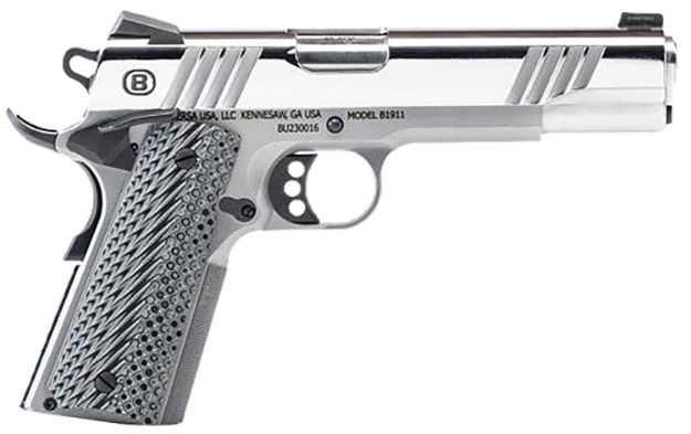 Picture of Bersa B19117050PMBG B1911 Mirror Full Size Frame 45 ACP 8+1 5" Stainless Steel Barrel, Polished Stainless Serrated Steel Slide, Stainless Steel Frame w/Beavertail, Gray VZ Grip, Ambidextrous