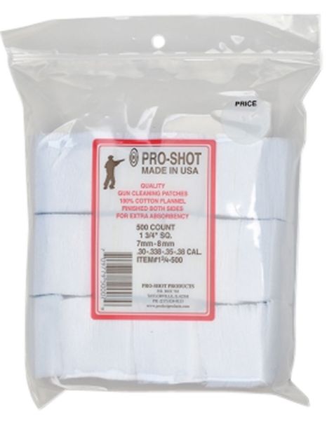 Picture of Pro-Shot 134500 Cleaning Patches  .38/ 6mm/ 7mm Cal 1.75" Square Cotton Flannel 500 Pack