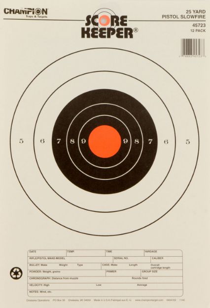 Picture of Champion Targets 45723 Score Keeper Slow Fire Bullseye Paper Hanging 25 yds Pistol 11" x 16" Black/Orange 12 PK