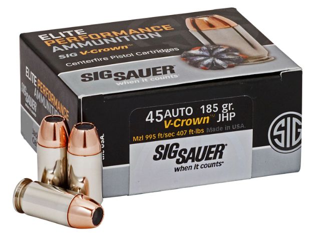 Picture of Sig Sauer E45AP050 Elite Performance  45ACP 185gr V-Crown Jacketed Hollow Point 50 Per Box/10 Case