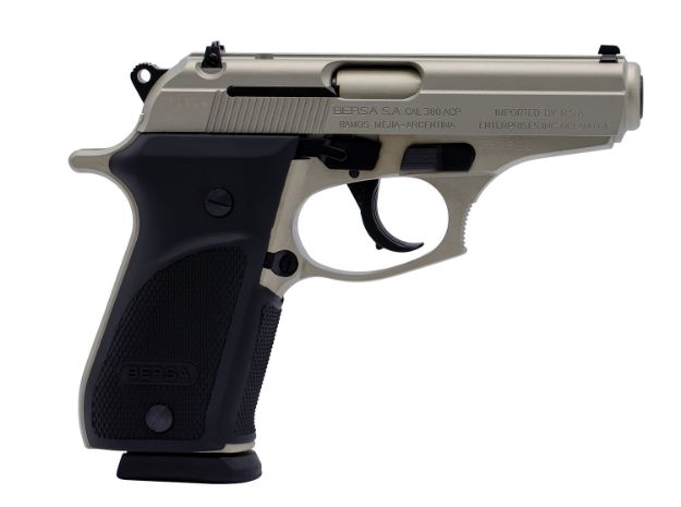 Picture of Bersa THUN380PNKL15 Thunder Plus Sub-Compact Frame 380 ACP 15+1, 3.50" Nickel Steel Barrel, Nickel Cerakote Serrated Steel Slide, Nickel Cerakote Aluminum Frame w/Beavertail, Black Rubber Grip