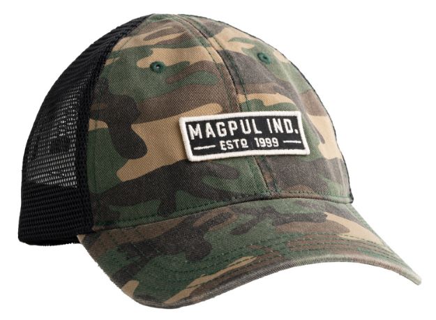 Picture of Magpul MAG1260-964 Established Garment Trucker Hat Woodland Camo Adjustable Snapback OSFA Embroidered Patch