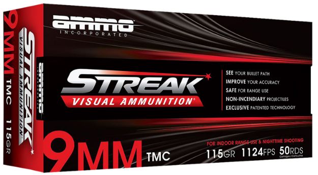 Picture of Ammo Inc 9115TMCSTRKRED50 Streak Visual (RED)  9mm Luger 115gr Total Metal Case 50 Per Box/20 Case