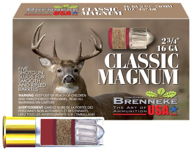 Picture of Brenneke SL162CLM Classic Magnum  16Gauge 2.75" 1oz Slug Shot 5 Per Box/50 Case