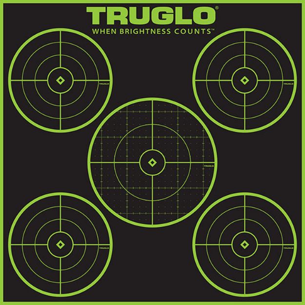 Picture of TruGlo TG11A12 Tru-See 5-Bull Target Self-Adhesive Heavy Paper Black/Green 12"x12" 5-Bullseye 12 Pack