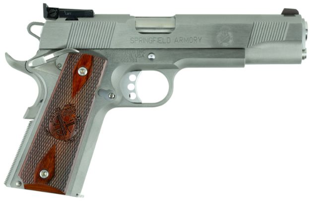 Picture of Springfield Armory PI9132LCA 1911 Loaded Target *CA Complaint 45 ACP 7+1, 5" Stainless Match Grade Stainless Barrel, Serrated Slide & Steel Frame w/Beavertail, Crossed Cannon Cocobolo Grip