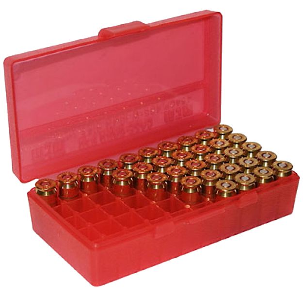 Picture of MTM Case-Gard P503829 Ammo Box Flip-Top Multi Caliber Handgun Clear Red Polypropylene 50rd