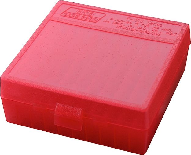 Picture of MTM Case-Gard P1004429 Ammo Box Flip-Top Multi Caliber Clear Red Polypropylene 100rd