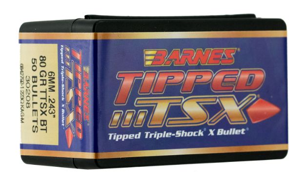 Picture of Barnes Bullets 30208 Tipped TSX  6mm 80gr Boat Tail 50/Box