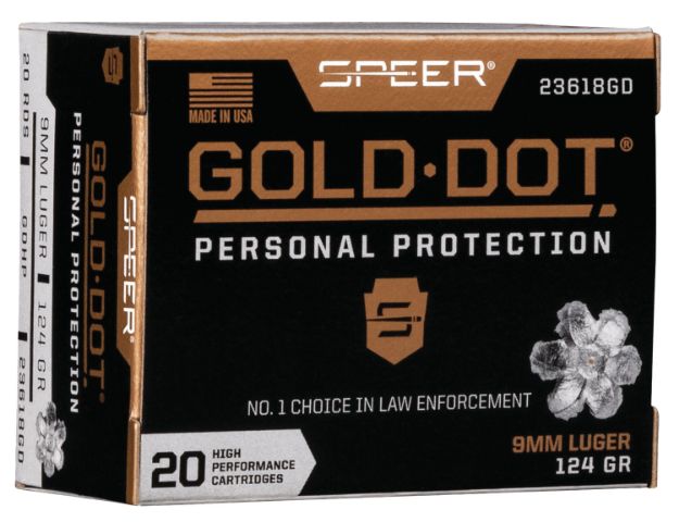 Picture of Speer 23618GD Gold Dot Personal Protection 9mmLuger 124gr Hollow Point 20 Per Box/10 Case