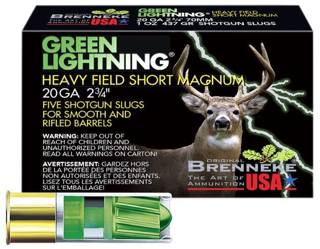 Picture of Brenneke SL202HFSGL Green Lightning Heavy Field Short Magnum 20Gauge 2.75" 1oz Slug Shot 5 Per Box/50 Case