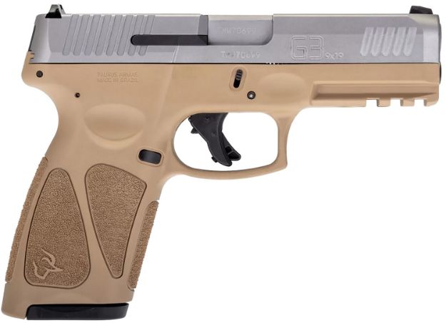 Picture of Taurus 1G3B949T G3  Full Size Frame 9mm Luger 15+1/17+1 4" Matte Stainless Steel Barrel, Matte Serrated Stainless Steel Slide, Tan Polymer Frame w/Picatinny Rail, Tan Polymer Grip, Right Hand