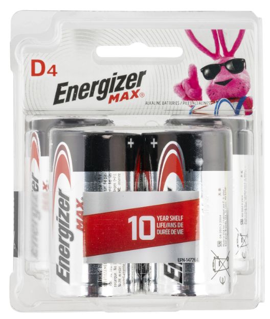 Picture of Energizer E95BP4 MAX D Batteries  Black & Silver Alkaline 1.5 Volt, Qty (4) Single Pack