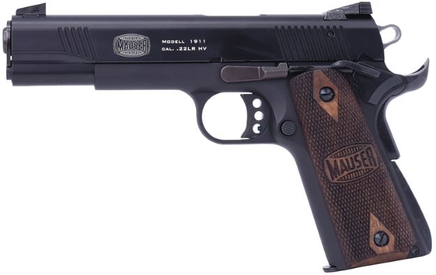 Picture of Mauser Rimfire 4110602 1911  22 LR 10+1 5" Black Steel Barrel, Black Serrated Slide, Black Aluminum Frame w/Beavertail, Walnut Grip, Ambidextrous