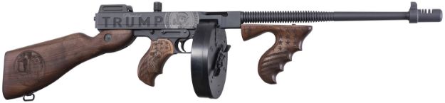 Picture of Thompson T1-14-50DC2 1927A-1 Deluxe 45 ACP 16.50" 20+1 (Stick), 50+1 (Drum), Trump Save America Engraved, Sniper Gray/Black Finish, American Walnut Furniture, Compensator