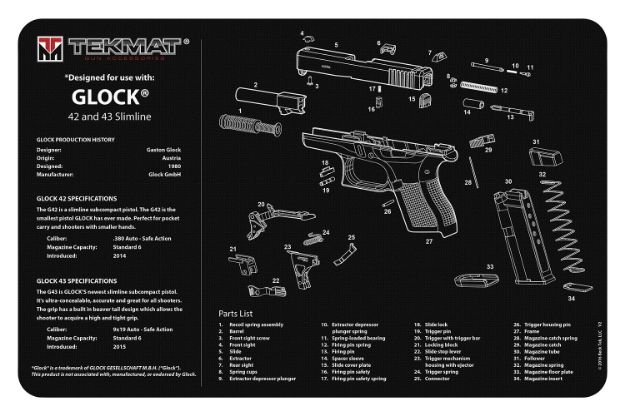 Picture of TekMat TEKR20GLOCK4243 Glock 42/43 Ultra 20 Cleaning Mat Glock 42/43 Parts Diagram 15" x 20"