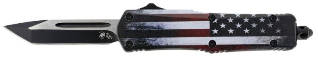 Picture of Templar Knife SUS231 US Flag Gen II Small 2.69" OTF Tanto Plain Black Oxide Stonewashed 440C SS Blade/4.31" US Flag Aluminum Handle Features Glass Breaker Includes Pocket Clip/Sheath