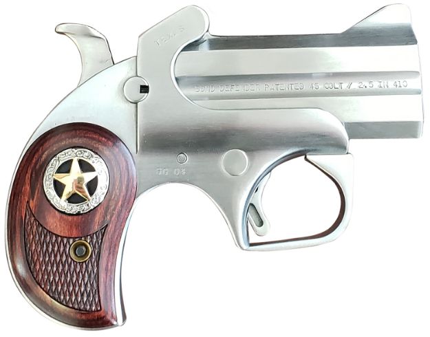 Picture of Bond Arms BARD Rustic Defender  45 Colt (LC) Caliber or 2.50" 410 Gauge 2rd 3" Barrel, Stainless Steel Finish, Rosewood Grip w/Integrated Star, Includes Exclusive Holster Package