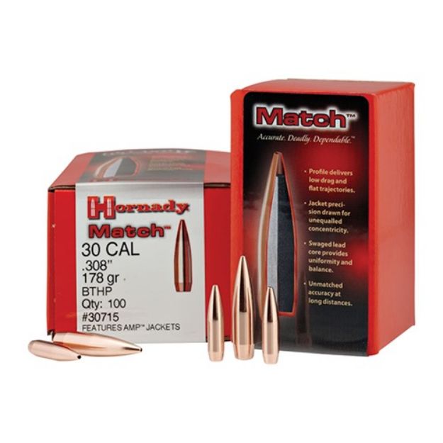 Picture of Hornady Bullets 30 Cal 308 155 Gr Jhp-Bt Match 100Ct 15Bx/Cs