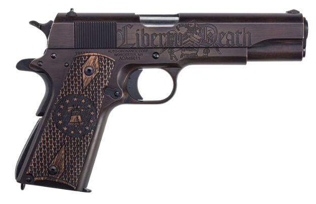 Picture of Auto-Ordnance 1911 Liberty 45 Acp 5" Barrel 7+1, Black/Brown Cerakote, Carbon Steel Beavertail Frame, Serrated Don't Tread Engraved Slide, Cocobolo Grip 