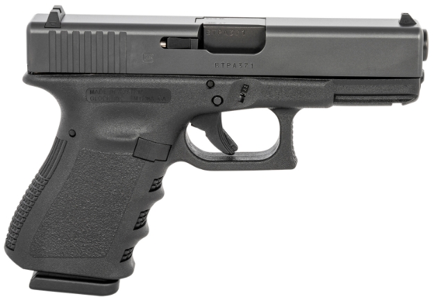 Picture of Glock G19 Gen3 Compact 9Mm Luger 15+1 4.02" Black Steel Barrel, Matte Black Serrated Slide, Black Polymer Frame W/Accessory Rail, Black Finger Grooved Polymer Grip, Right Hand 