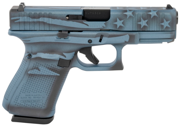 Picture of Glock Pa195s204-Btflag G19 Gen5 Compact 9Mm Luger 4.02" 15+1 Overall Blue Titanium Flag Cerakote With Steel With Front Serrations Slide, Rough Texture Interchangeable Backstraps Grip & Fixed Sights 