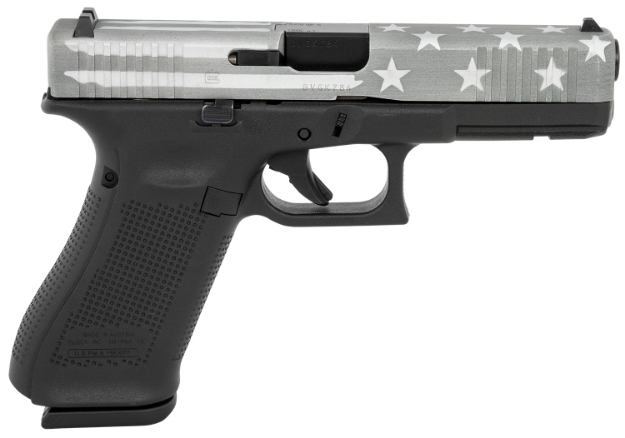 Picture of Glock Pa175s204-Bwfs G17 Gen5 9Mm Luger 4.49" 17+1 Black Polymer Frame Battle Worn Flag Cerakote Steel Slide With Front Serrations Rough Textured Interchangeable Backstraps Grip Right Hand 