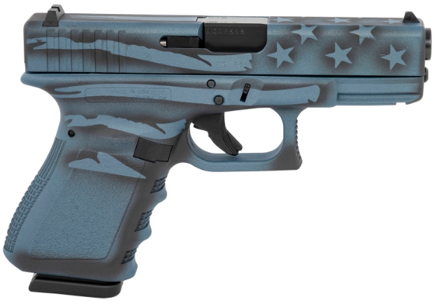 Picture of Glock G19 Gen3 Compact 9Mm Luger 4.02" Barrel 15+1, Blue Titanium Flag Cerakote Frame & Slide, Finger Grooved Polymer Grip, Safe Action Trigger 