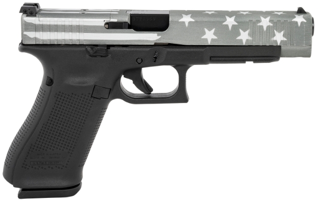 Picture of Glock Pa343s104mos-Bwfs G34 Gen5 Mos 9Mm Luger 5.31" 17+1 Black Polymer Frame Battle Worn Flag Cerakote Steel With Front Serrations & Mos Cuts Slide Rough Textured Interchangeable Backstraps Grip 