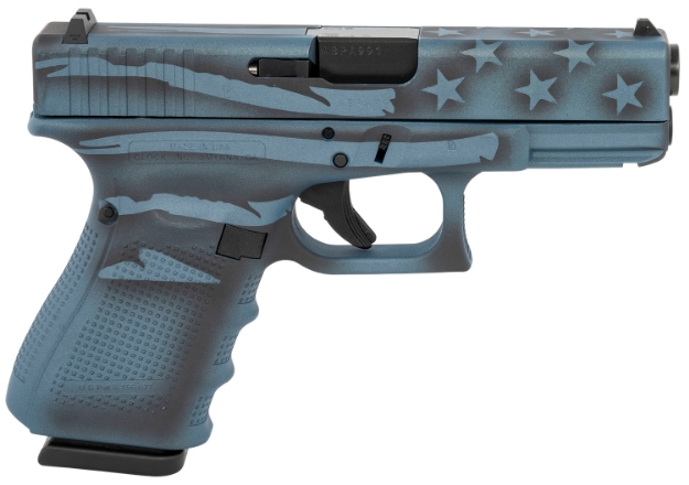 Picture of Glock Ug1950204-Btflag G19 Gen4 Compact 9Mm Luger 4.02" 15+1 Overall Blue Titanium Flag Cerakote With Steel Slide, Finger Grooved Rough Texture Interchangeable Backstraps Grip & Fixed Sights 