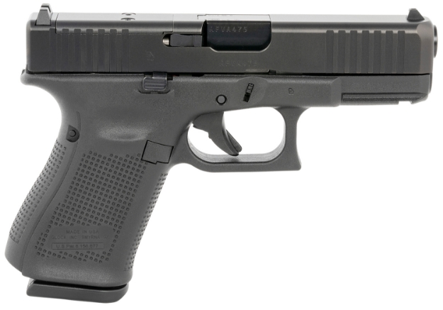 Picture of Glock G19 Gen5 Compact Mos 9Mm Luger 4.02" 15+1 Overall Black Finish With Ndlc Steel With Front Serrations & Mos Cuts Slide, Rough Texture Interchangeable Backstraps Grip & Fixed Sights 