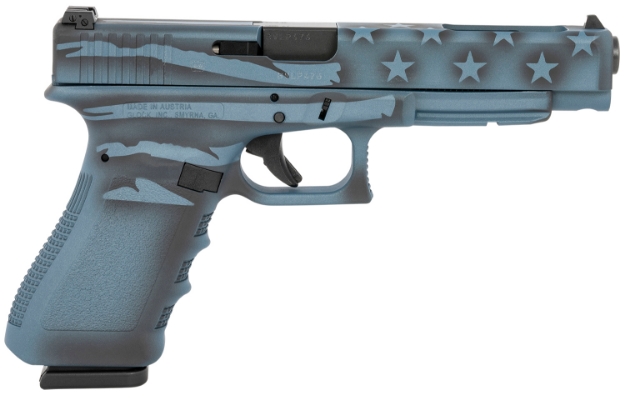 Picture of Glock G34 Gen3 Competition 9Mm Luger 5.31" Barrel 17+1, Blue Titanium Flag Cerakote Frame & Slide, Finger Grooved Rough Texture Grip, Adjustable Sights, Safe Action Trigger 