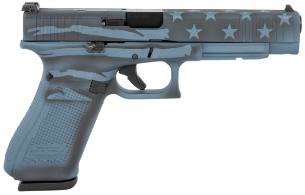 Picture of Glock Pa343s104mos-Btflag G34 Gen3 9Mm Luger 5.31" 17+1 Overall Blue Titanium Flag Cerakote Polymer Frame Steel Slide With Mos Cuts Rough Textured Interchangeable Backstraps Grip Right Hand 