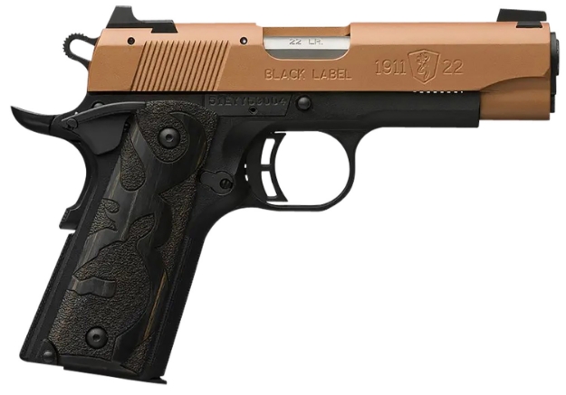 Picture of Browning 1911 Black Label Compact 22 Lr 10+1 3.63" Matte Black Steel Barrel, Copper Cerakote Serrated Aluminum Slide, Matte Black Polymer Frame W/Beavertail, Black Laminate Wood Grips 