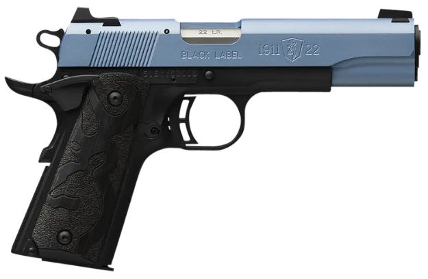 Picture of Browning 1911 Black Label 22 Lr 10+1 4.25" Matte Stainless Barrel, Polar Blue Cerakote Serrated Aluminum Slide, Matte Black Polymer Frame W/Beavertail, Black Laminate Wood Grips 