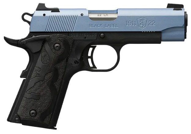 Picture of Browning 1911 Black Label Compact 22 Lr 10+1 3.63" Matte Stainless Barrel, Polar Blue Cerakote Serrated Aluminum Slide, Matte Black Polymer Frame W/Beavertail, Black Laminate Wood Grips 