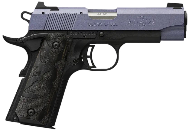 Picture of Browning 1911 Black Label Compact 22 Lr 10+1 3.63" Matte Stainless Barrel, Crushed Orchid Cerakote Serrated Aluminum Slide, Matte Black Polymer Frame W/Beavertail, Black Laminate Wood Grips 