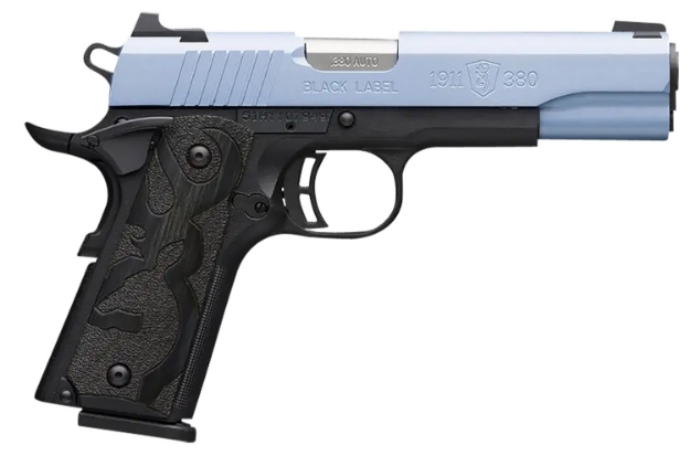 Picture of Browning 1911 Black Label Full Size 380 Acp 10+1 3.63" Matte Stainless Barrel, Polar Blue Cerakote Serrated Slide, Matte Black Polymer Frame W/Picatinny Rail, Black Laminate Wood Grips 