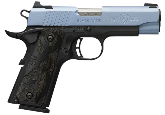 Picture of Browning 1911 Black Label Compact 380 Acp 10+1 3.63" Matte Stainless Barrel, Polar Blue Cerakote Serrated Aluminum Slide, Matte Black Polymer Frame W/Beavertail, Black Laminate Wood Grips 