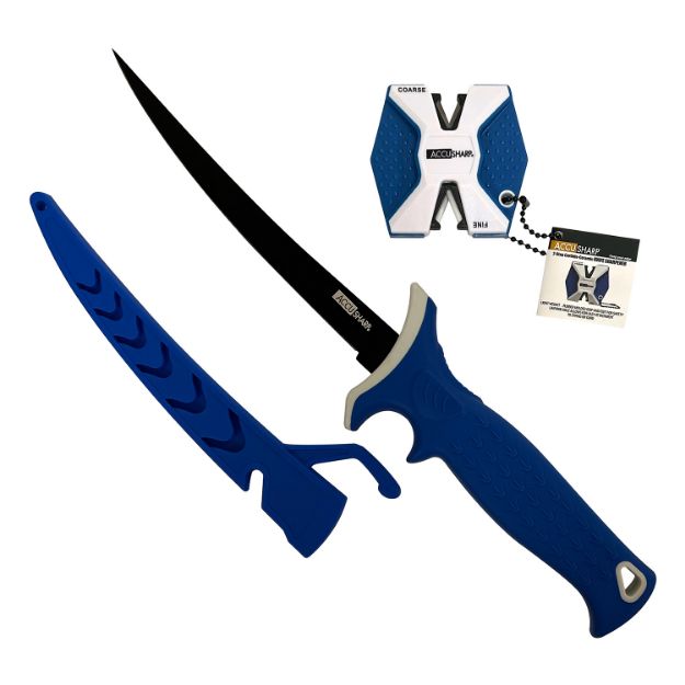 Picture of Accusharp Fillet W/Sharpener 6.50" Fixed Fillet Plain Satin Titanium Coated Stainless Steel Blade/Royal Blue Ergonomic Anti-Slip Rubber Handle Includes 2-Step Sharpener 