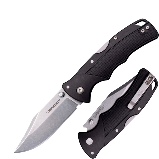 Picture of Cold Steel Verdict 3" Folding Clip Point Plain Stonewashed 4116 Ss Blade/Black Gfn Handle Includes Belt Clip 