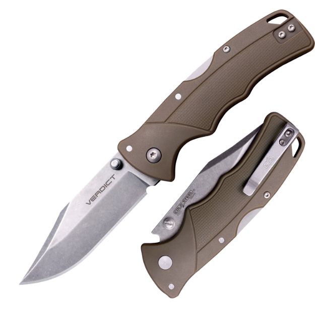 Picture of Cold Steel Verdict 3" Folding Clip Point Plain Stonewashed 4116 Ss Blade/Brown Gfn Handle Includes Belt Clip 